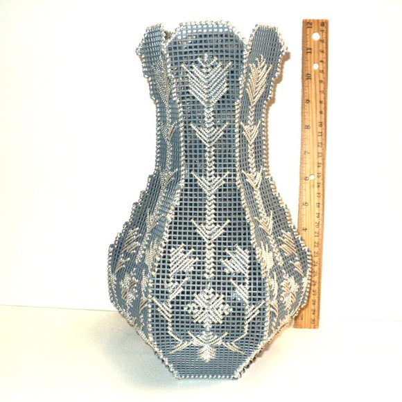 Plastic Canvas Vase Blue-Gray w/ Silver Metallic Needlepoint 11 1/2" x 7 Vintage - Picture 1 of 5
